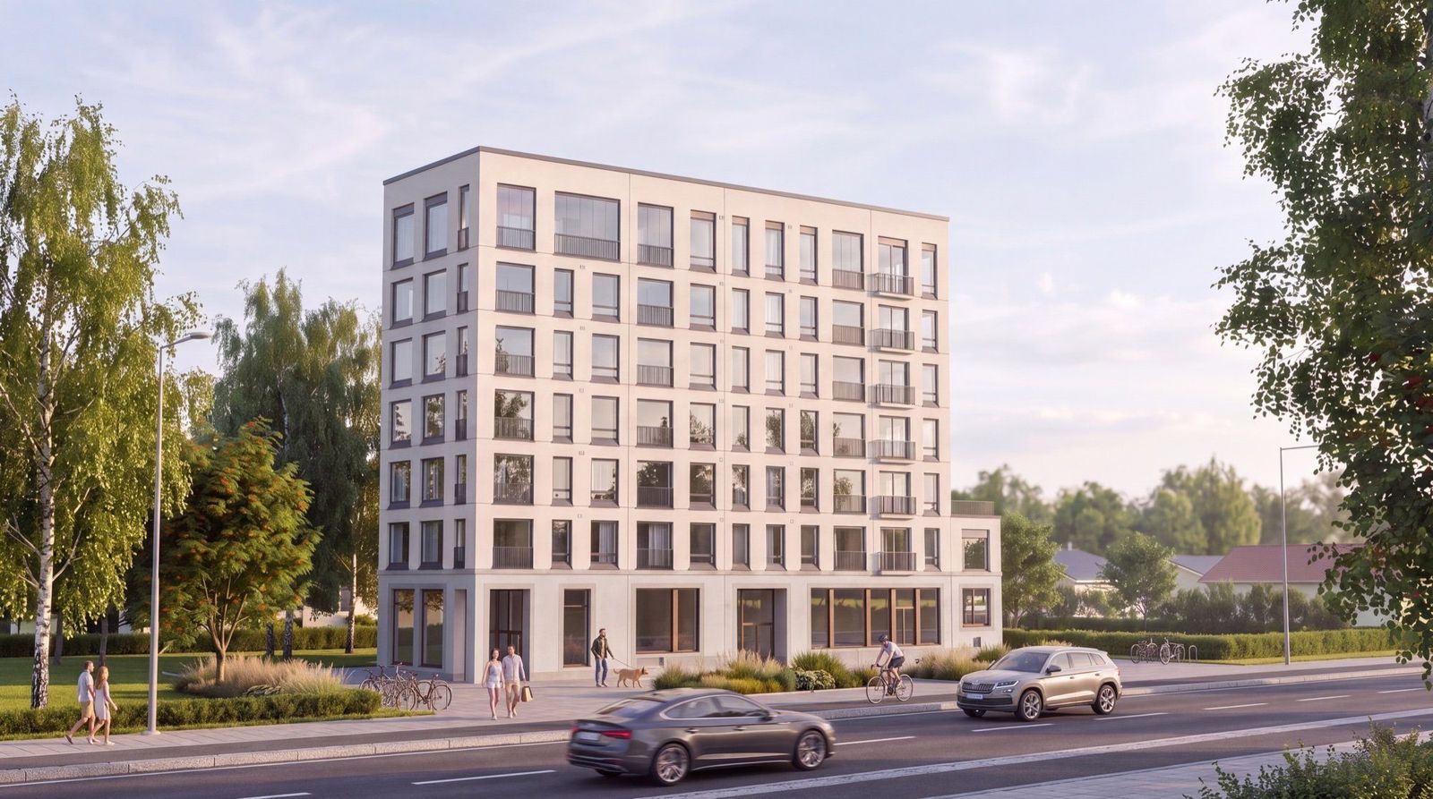 Kerrostalon valmis 3D-visualisointi kesäpäivänä